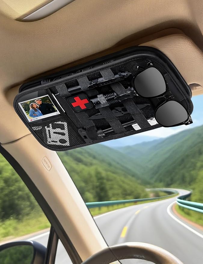 Molle Car Sun Visor Organizer - Tactical Storage Panel with 180° Zipper Pouch & Magnetic Glasses Clip & Photo Holder & Semi-Rigid Molle Panel for Military Gear (1, Black)