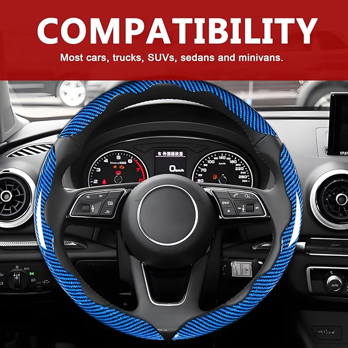 3pcs Universal Carbon Fiber Steering Wheel Cover - Anti-Slip & Segmented Design, Universal 99% Durable Steering Wheel Protector for Men and Women, Car Interior Accessory (Blue)