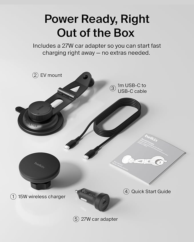Belkin Tesla Phone Mount, Magnetic Wireless Car Mount for EV (Strong Magnet) w/ 3.3ft USB C Cable, Qi2 MagSafe Compatible Fast Charging for iPhone 17/16/15, Model 3, Model Y, etc. - Tesla Accessories