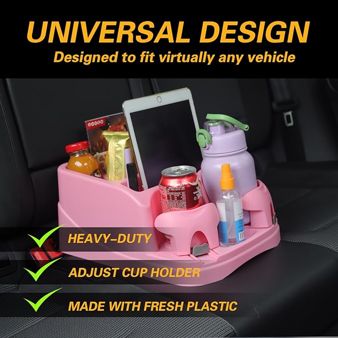 Center Console Organizer,Automotive Consoles Organizers and Storage with 2 Adjustable Cup Holders,Back Bench and Front Seat or Floor Middle Console Universal for Car Truck RV Van SUV (Pink)