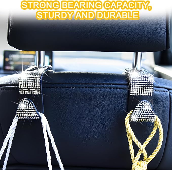 Mandark 4PCS Bling Car Seat Headrest Hooks, Crystal Rhinestone Vehicle Seat Back Hanger for Grocery Purses Handbags, Diamond Auto Seatback Storage Organizer Hook, Universal for Most Cars (Multicolor)