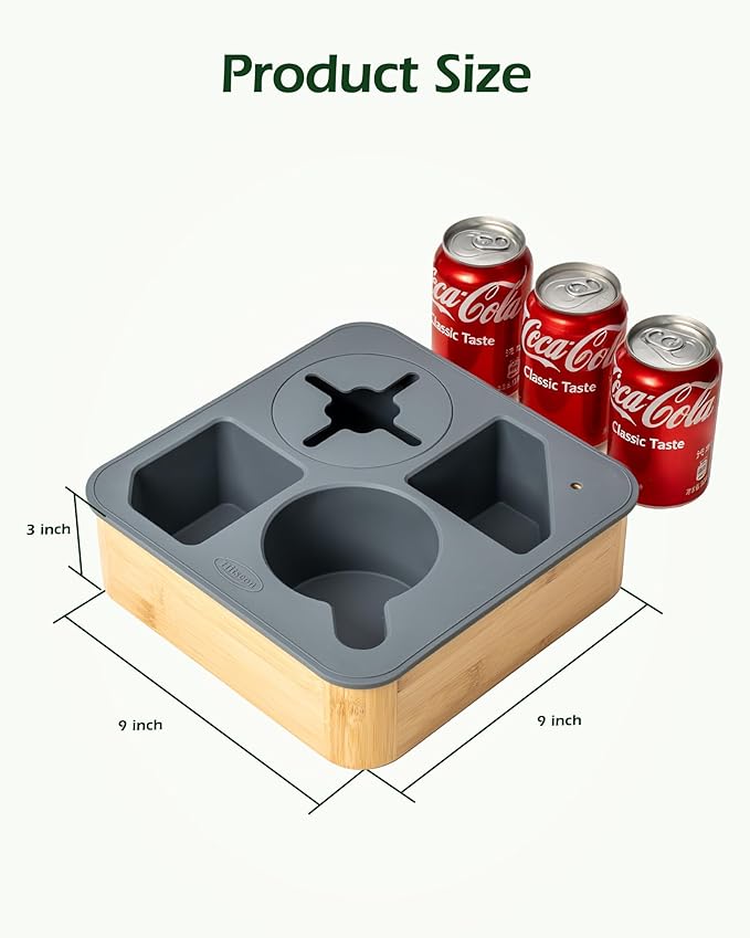 Couch Cup Holder Tray, Bamboo Couch Caddy with Rotatable Phone Holder for Bed Organizer, Waterproof Anti-spill Sofa Cup Holder for Snacks Beverage Remote Grey