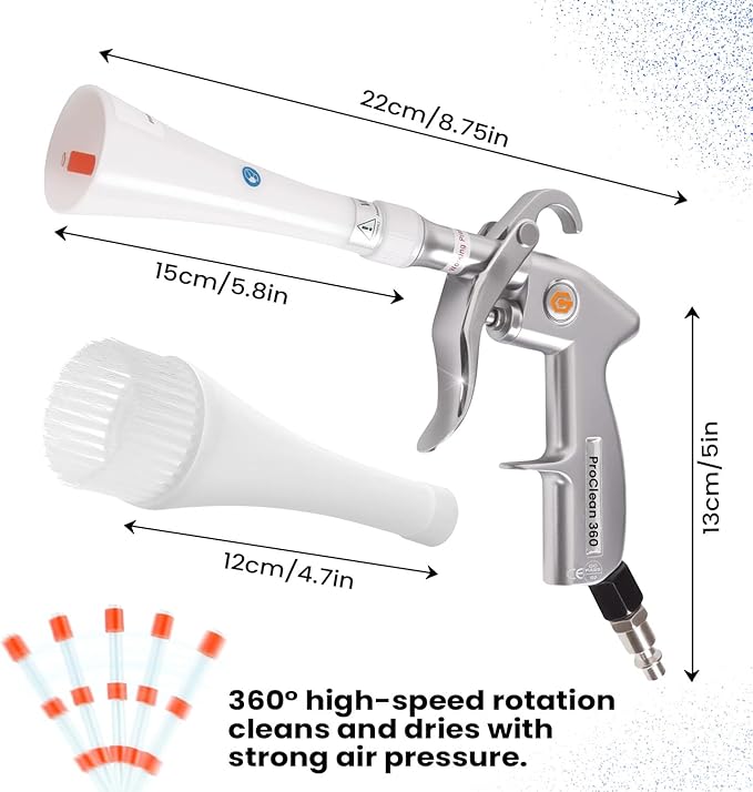 ProClean 360 Tornado Car Cleaning Gun ā High Pressure Air Blow & Detailing Tool with Rotating Nozzle, Upholstery & Carpet Cleaner, Auto Detailing Blow Gun for Seats, Vents, Engines, Home Use