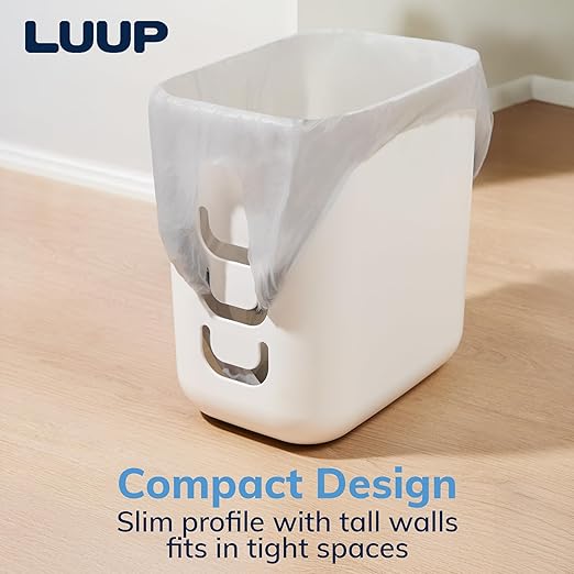 STORi Luup Trash Can (White) - Reuse Grocery Bags - Plastic Garbage Container for Bathroom, Vanity, Laundry Room, Kitchen, Office, Garage - 2.5 Gallon Wastebasket with Hooks to Secure Trash Bags