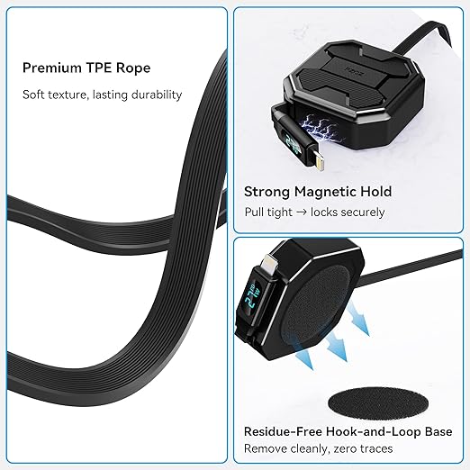 pzoz Retractable 2-in-1 Charging Cable with LED Display, Multi USB C & USB A to Lightning for iPhone Pro Max iPad mini for Car CarPlay Desktop Management Organizer