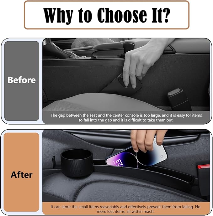 Dual Slot Car Seat Gap Organizer with Cup Holder, Universal Auto Gap Filler Strip 2 Pack with Seat Belt Holes, Carseat Side Gap Guard Spacer Accessories to Fill The Space Between Front Seat & Console