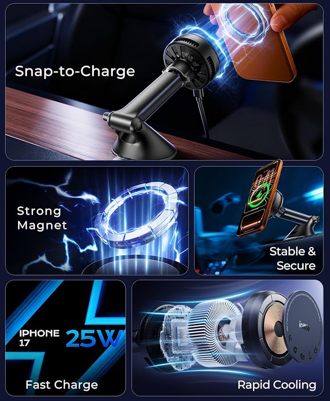 iOttie Velox Pro Qi2.2 25W Fast Charging Magnetic Wireless Car Charger, Dash & Windshield Mount, Built-in Fan Cooling, for iPhone 12/13/14/15/16/17, USB-C Cable & 45W Car Charger Included