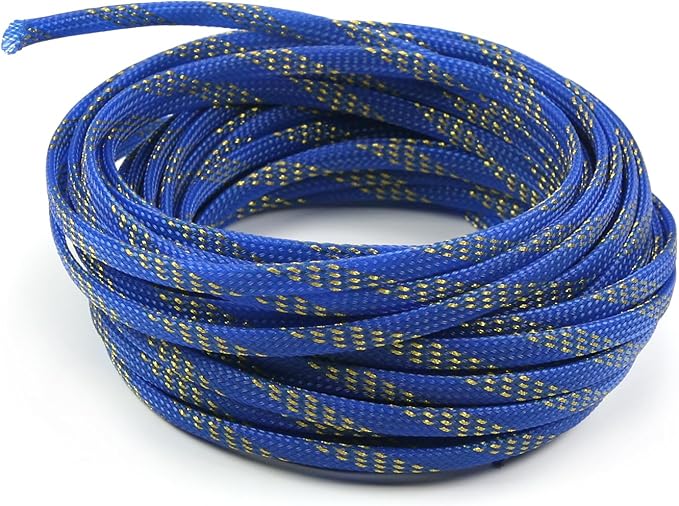 Aicosineg 32.81ft PET Flexible Braided Cable Sleeve 0.25inch Width Wire Loom Sleeving and Organizer Flexible Wire Mesh Sleeve Wrap Protector for TV Audio PC Cords from Pets Chewing Blue and Gold