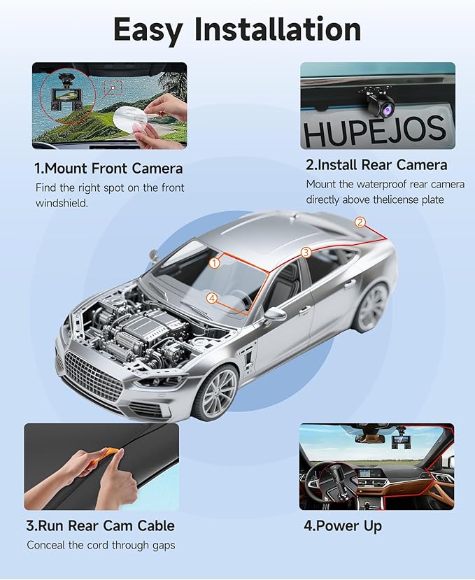 360° Dash Cam Front and Rear Inside, 4 Channel Dash Camera for Cars FHD 1080Px4, Built-in Wi-Fi, 3.16” IPS Screen, WDR Night Vision, Voice Control, Free 64GB Card, 24H Parking Mode