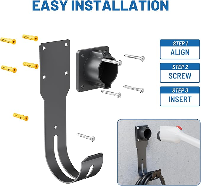 MECMO EV Charger Holder SAE J1772 Nozzle Holster Dock and J-Hook Combination Wall Mount, EVSE Electric Vehicle Car Charger Cable Organizer EV Charger Cord Wall Hook Cable Holder J1772 Connector