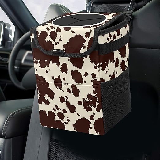 Brown Cow Print Collapsible Car Trash Can with Lid - Reusable, Waterproof, Garage Bag, Interior Car Organizer