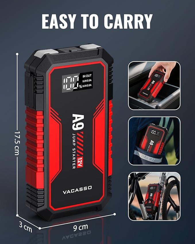 Jump Starter 4000A, VACASSO A9 Battery Jumper Starter Portable (7L Gas/4L Diesel), 12V Car Battery Booster Jump Starters Pack, Jumpstart with USB Ports, Jumper Cables, LED Light, Storage Case