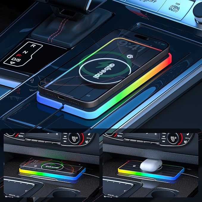 Magnetic Wireless Car Charger Pad, Aubenai 15W RGB Fast Wireless Charging Pad Non Slip Charging Mat with 70cm Extension Cable Compatible with Magsafe Charger iPhone 16 15 14 13 12 (Extension USB-C)
