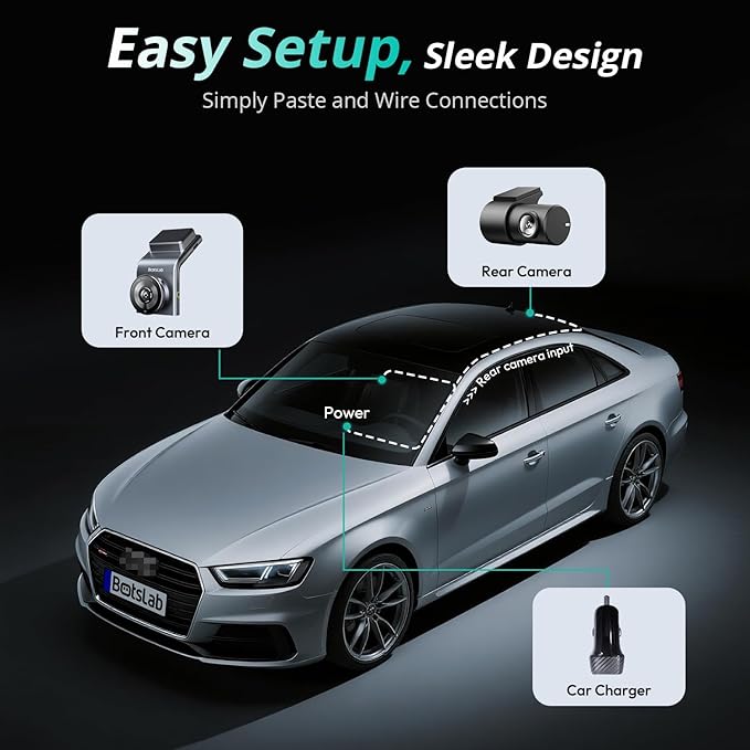 BOTSLAB 4K Dash Cam Front and Rear, STARVIS 2 Sensor, Voice Control, 64GB Card Included, 5GHz WiFi Dashcam Front and Rear Camera, Built in GPS, WDR Night Vision, 170°Wide Angle, 24H Parking Mode