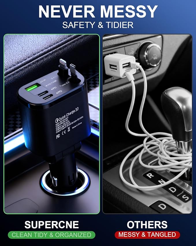 5-in-1 Fast Car Charger with USB-A and USB-C Ports, Compatible with iPhone 16/15/14, Samsung Galaxy