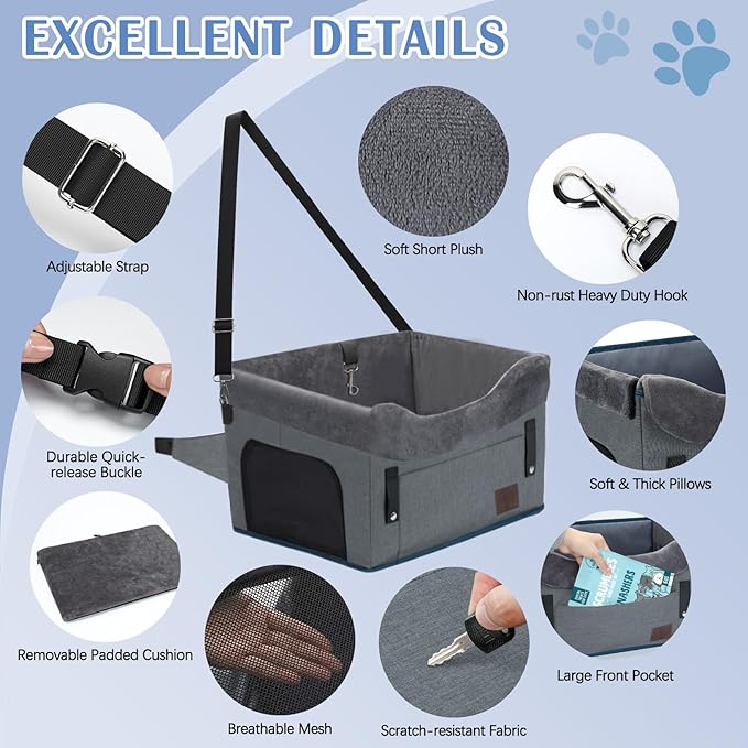 PetsHome Dog Car Seat for Small Dogs, Detachable Washable Pet Booster Seat with Storage Pocket, Breathable Mesh, Safety Leash, Adjustable Straps for Small Pets Up to 25lbs-Grey