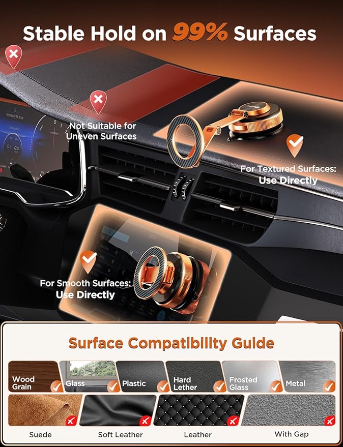 MSXTTLY Magnetic Car Phone Holder β 360Β° Car Phone Mount with Metal Long Arm & Extended Reach 2026 Tesla Phone Holders for Your Car for iPhone 17 Pro Max 16 15 14 13 12 Plus, Orange