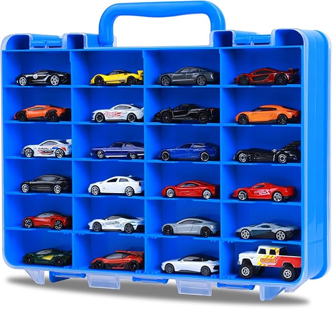 Storage Case for Hot Wheels - Carrying Display Case for 1/64 Scale Toy Cars, 48-Slot Double-Sided Transparent Organizer with Adjustable Dividers (Blue, 1 Pack)
