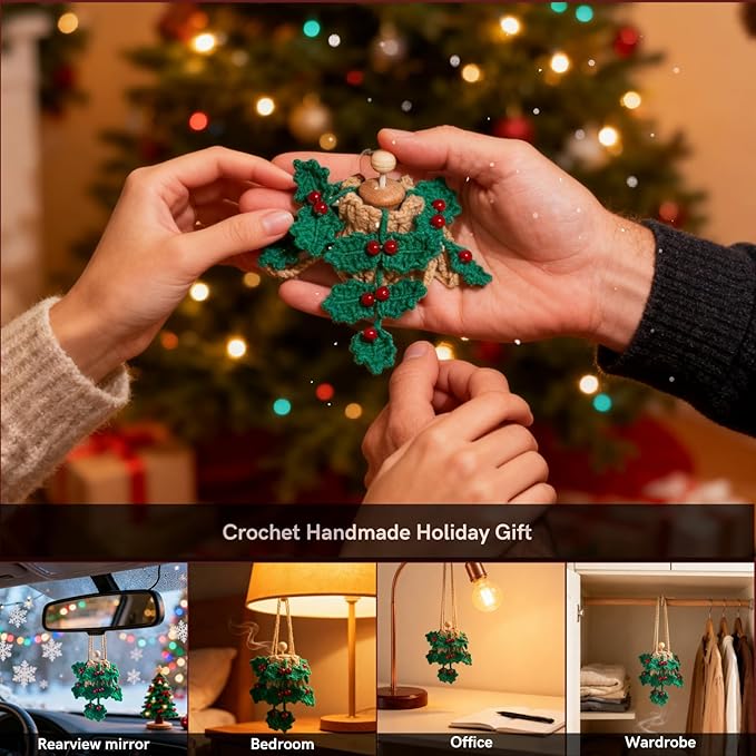 ROFIGL Handmade Crochet Car Air Freshener - Crochet hanging holly plants with 12ml Empty Refillable Oil Diffuser Bottle, Green Car Accessory for Mirror Decor and Home Decor