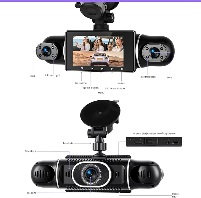 2K Dash Cam 360° View 4 Channel Front and Rear Dash Camera for Cars, 3x1080P, Left Right Dash Camera for Cars, 8 IR Lamps Night Vision, WiFi & APP Control, G-Sensor, 24H Parking Mode