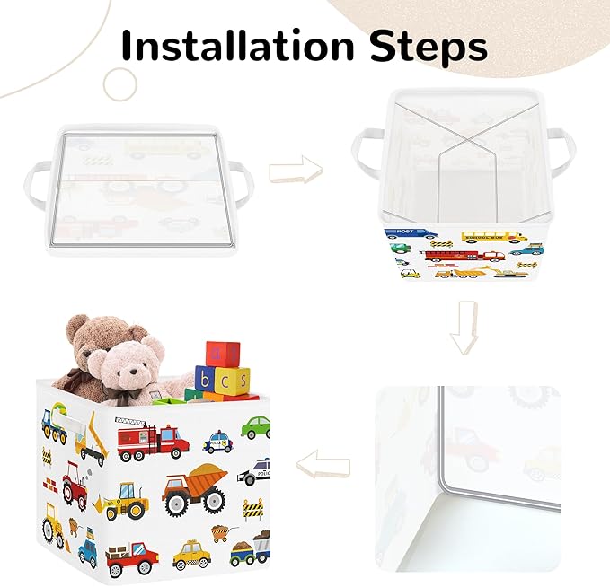 Clastyle Cars Storage Cube Organizer Set Handle Closet Clothes Cube with Metal Frame Foldable Parents Organizer Storage Basket for Book Toy,Cartoon Truck,11.8x11.8x11.8 in