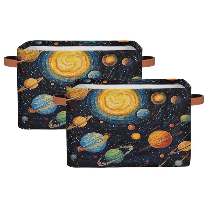 Solar System Storage Baskets for Organizing, Fabric Collapsible Storage Bins Box Space Planets Decorative Toy Organizer Baskets for Closet Shelves Gift Basket 2Pcs