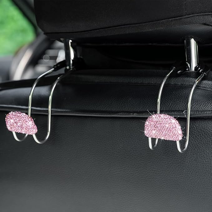 AUCELI Car Headrest Hook, 2 Pack Bling Backseat Organizer Hanger for Purse Clothes Grocery Bag, Rhinestones Auto Headrest Storage Holder, Universal Car Seat Accessories for Most Vehicle (Pink)