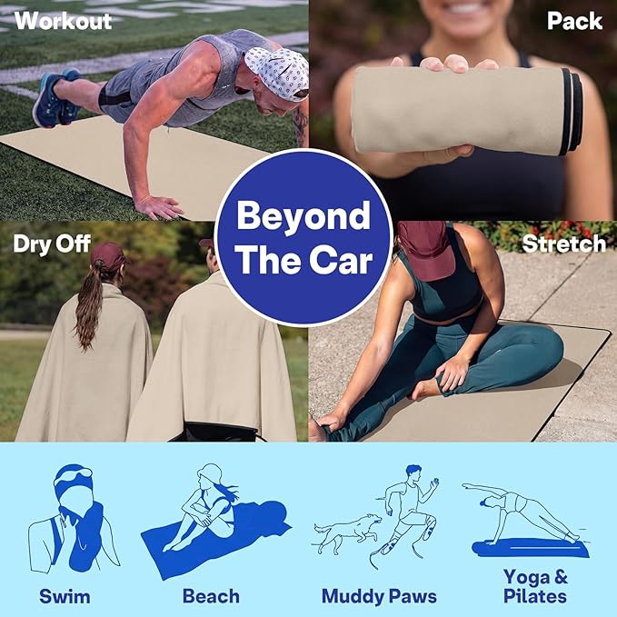 2 Pack Car Seat Towel Covers, Sweat Protector for Front Seats, Premium Thickened Microfiber with Elastic Strap, Breathable & Quick Dry, Machine Washable Cover for Gym Running Beach Universal Fit Beige