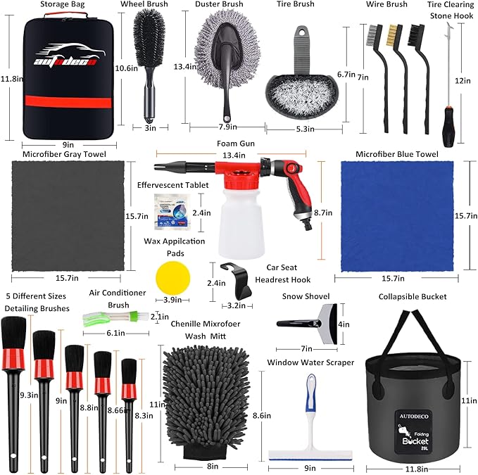 AUTODECO 35Pcs Car Wash Detailing Kit Cleaning Kits with Foam Gun Sprayer Collapsible Bucket Brush Large Wash Mitt Towels Complete Interior Exterior Car Washing Supply Set Black