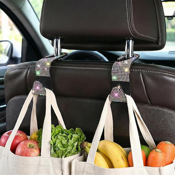 4PCS Bling Car Seat Headrest Hooks, Crystal Rhinestone Vehicle Purse Handbag Coat Hangers Holder, Automotive Interior Storage Organizer Accessories for Women Girls, Universal Fit (Multicolor)