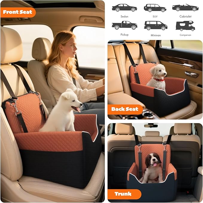 ALL GOOD PET SUPPLIES Dog Car Seat for Small/Medium Dogs Under 35lbs, Soft Booster Car Seat with Detachable Washable Cover and Cushion, Puppy Dog Car Bed, Black/Brown