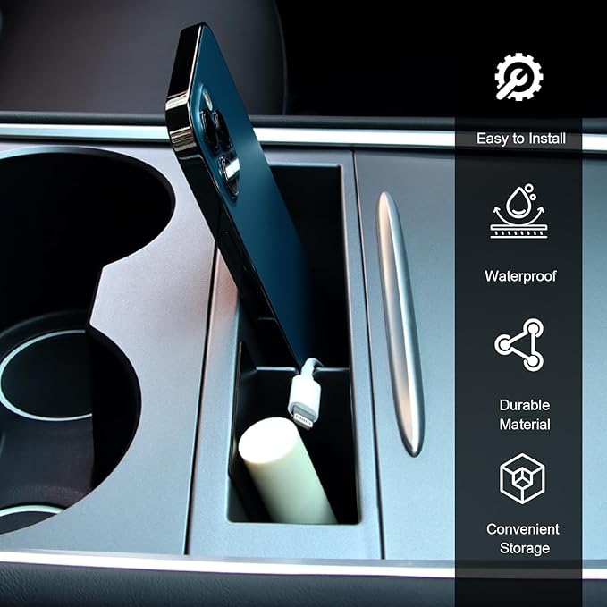 Model 3/Y Car Center Console Storage Box, Embedded Plastic Central Control Organizer Box for Phone, Data Cable & Glasses Car Inside Organizer