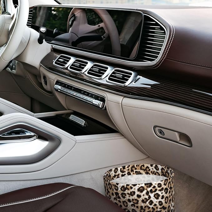 Car Trash Can Leopard Pattern Multipurpose Collapsible Leakproof Trash Bin Car Accessories for Car Automotive Truck SUV