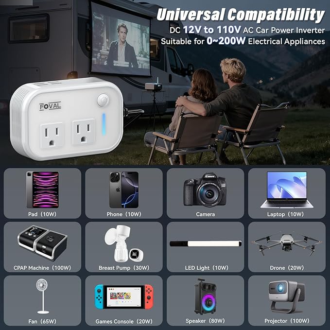 200W Car Power Inverter, FOVAL 12V DC to 110V AC Car Inverte with 4 USB Ports Car Outlet Adapter, Power Inverter for Vehicles, Car Plug Adapter Outlet for Laptop Computer Charger (White)