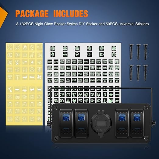 Nilight 4 Gang Rocker Switch Box 12V SPST ON Off Switch QC 3.0 USB Charger Voltmeter Waterproof Aluminum Rocker Switch Panel Night Glow Stickers for Boats Cars RVs Trucks, 2 Years Warranty,Blue