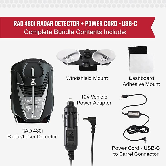 Cobra RAD 480i Laser Radar Detector + USB-C Power Cable Bundle – Long Range Detection, Bluetooth, Apple CarPlay and Android Auto Compatible, Front and Rear Detection, Digital Signal Processing, Black