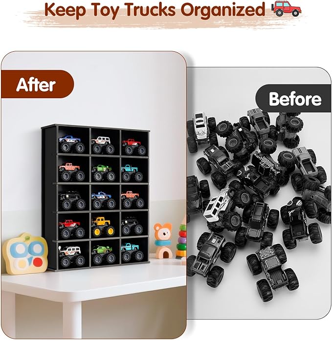 Trucks Display Shelf, 15 Slot Toy Cars Display Case, Wall Mounted Toy Truck Storage Organizer Holder, Black