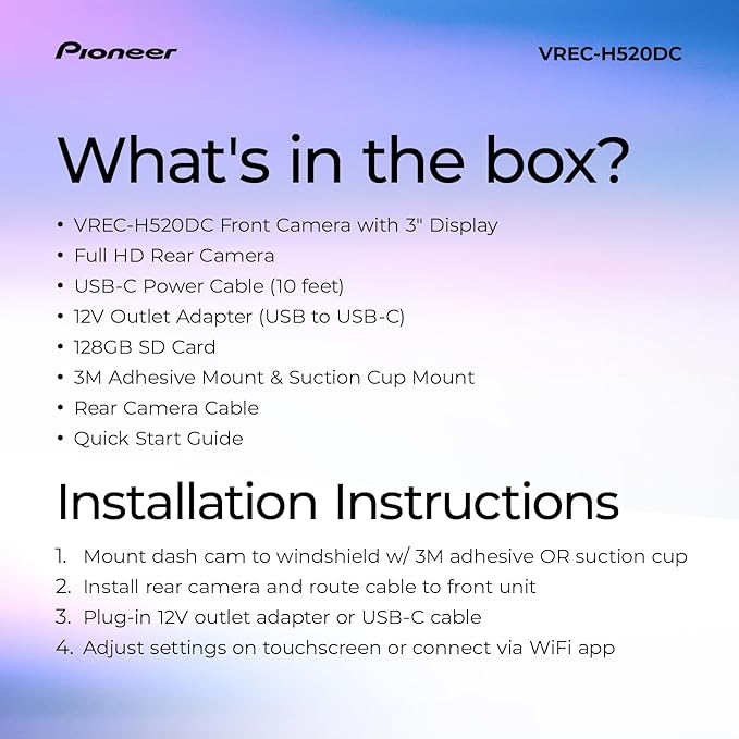 Pioneer VREC-H520DC Dual Dash Cam Front and Rear Car Camera - Large Screen, 2K Resolution, Starvis Night Vision, 140 Degree Wide Lens, ADAS Safety Alerts, Built In GPS, Impact Detection, 24/7 Coverage