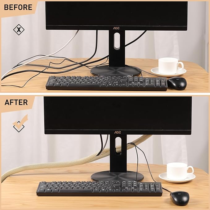 AGPTEK Cable Sleeve, 10ft - 4/5 inch Cable Management, Desk Cord Cover Organizer Wire Hider for Home Office Computer TV Wire Loom Tubing, Pet Proof Cord Protector from Cat Dog Chewing, Wood Color