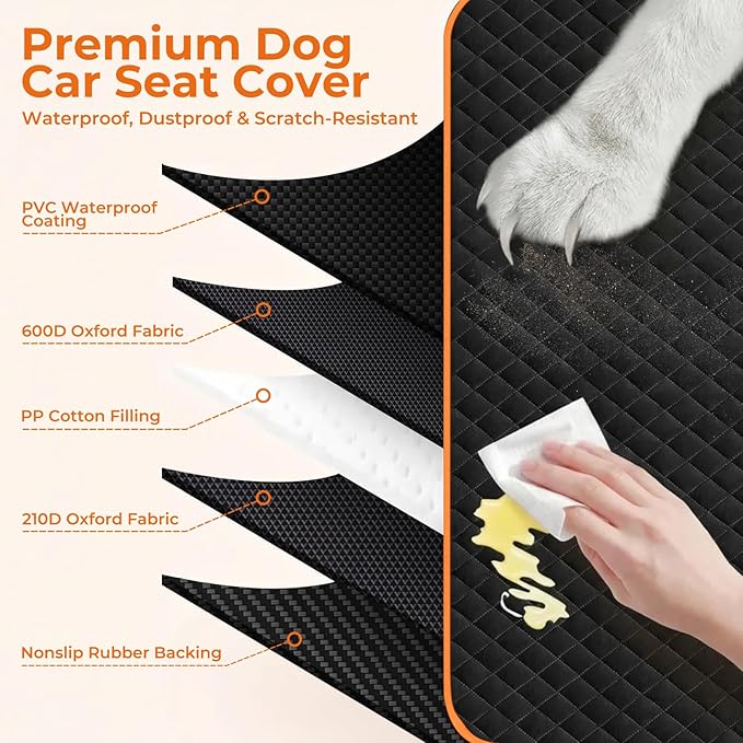 KITPLUS Dog Car Seat Cover for Pets Waterproof Seat Cover Hammock Nonslip Durable 600D Heavy Duty Scratch Proof Soft Back Seat Covers for Cars Trucks and SUVs