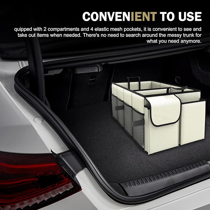 Car Trunk Organizer, Collapsible Car Organizer, Multi Compartment Car Organization for Car Accessories, Tools, Sundries, 22×13.4×11.4 inch, Storage for Auto Accessories for Women Men (Beige)