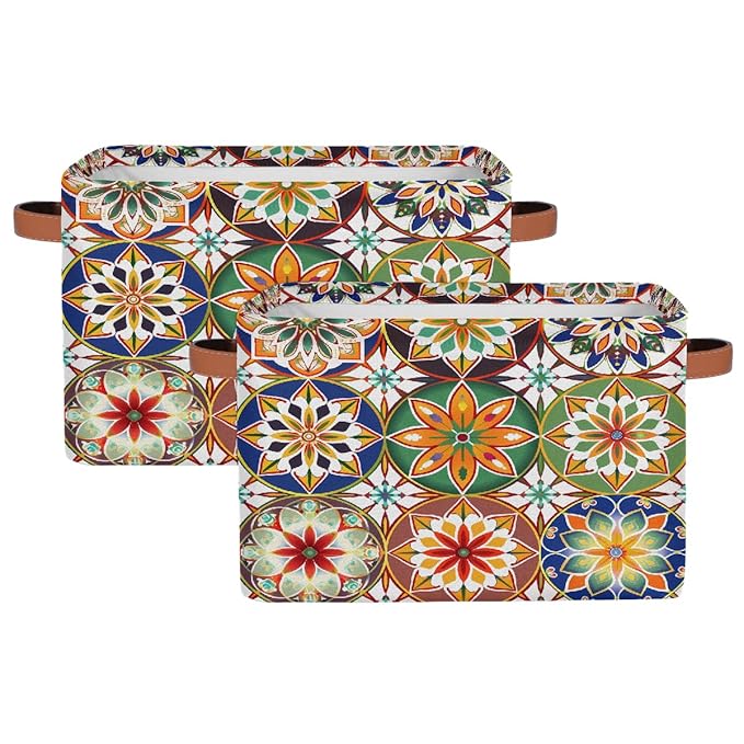 Mandala Flowers Storage Baskets for Organizing, Fabric Collapsible Storage Bins Box Ethnic Boho Decorative Toy Organizer Baskets for Closet Shelves Gift Basket 2Pcs