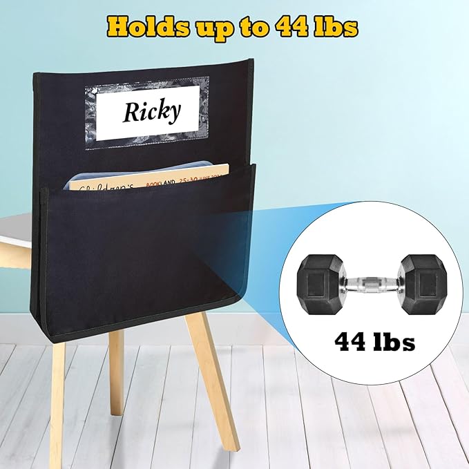AZKAQA Chair Pockets for Classroom 15.6x16.8 Inch - 12 Pack Chairback Buddy Pocket Chart Seat Back Organizer Student Storage with Lable Slot for Classroom Kindergarten School Home (Black)