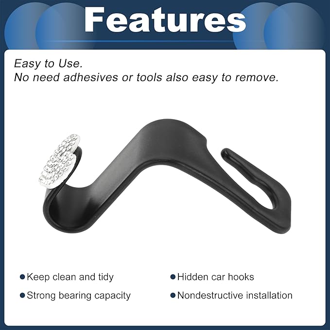 Car Seat Headrest Hook Interior Accessories for Most Car, SUV, Truck Car Seat Back Organizer Hooks Plastic Rhinestone Sturdy White 2.4"x1.26"