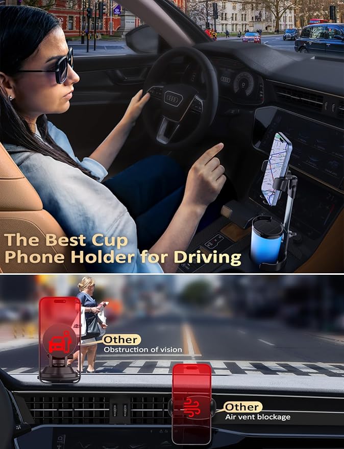 Tryone Cup Phone Holder Mount for Car: Upgrade Aluminum Adjustable Rod Cell Phone Cup Holder Stand for Auto | Truck SUV Compatible with iPhone & Samsung & All 4.0-7.0 Inches Smartphone