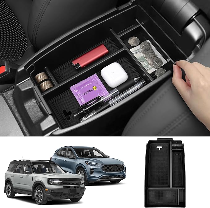 Center Console Organizer for Ford Escape 2020-2025 2026 / Bronco Sport 2021-2025 2026 Accessories Storage Box Armrest Secondary Insert Tray with Anti-Slip Mat