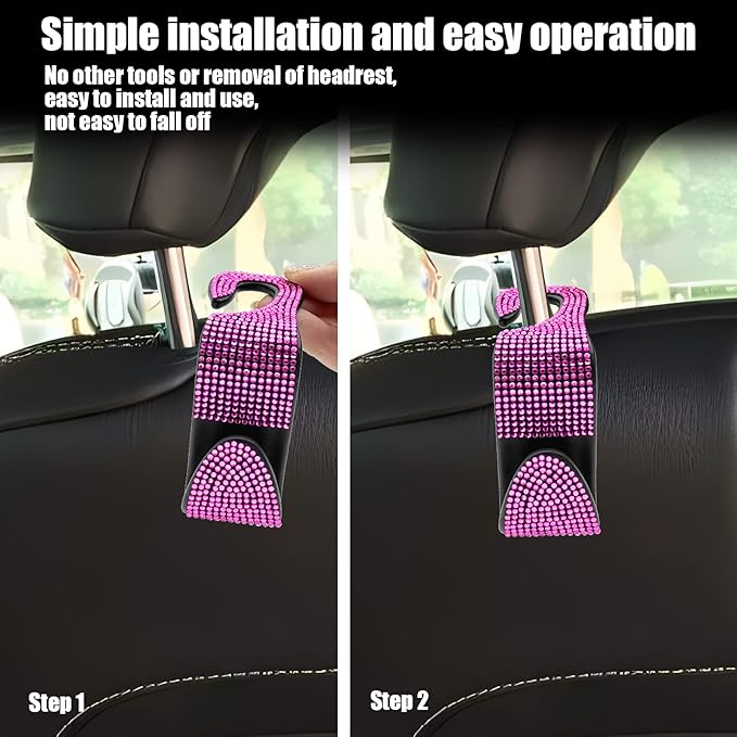 OSIFIT 2PCS Car Seat Hooks, Bling Car Rhinestone Headrest Hooks, Universal Bling Car Interior Accessories, for Handbag, Clothes, Purse, Water Bottle (Pink)