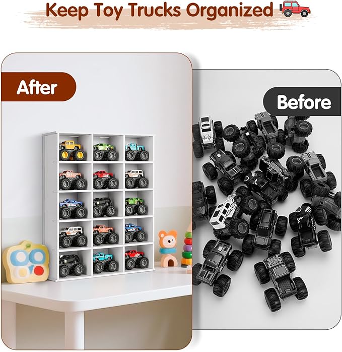 Trucks Display Shelf, 15 Slot Toy Cars Display Case, Wall Mounted Toy Truck Storage Organizer Holder