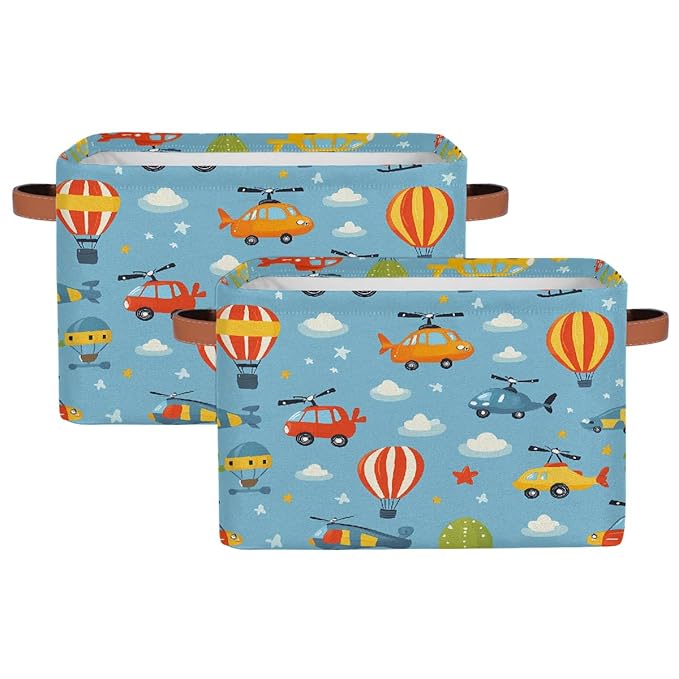 Cars Helicopters Storage Baskets for Organizing, Fabric Collapsible Storage Bins Box Cartoon Decorative Toy Organizer Baskets for Closet Shelves Gift Basket 2Pcs