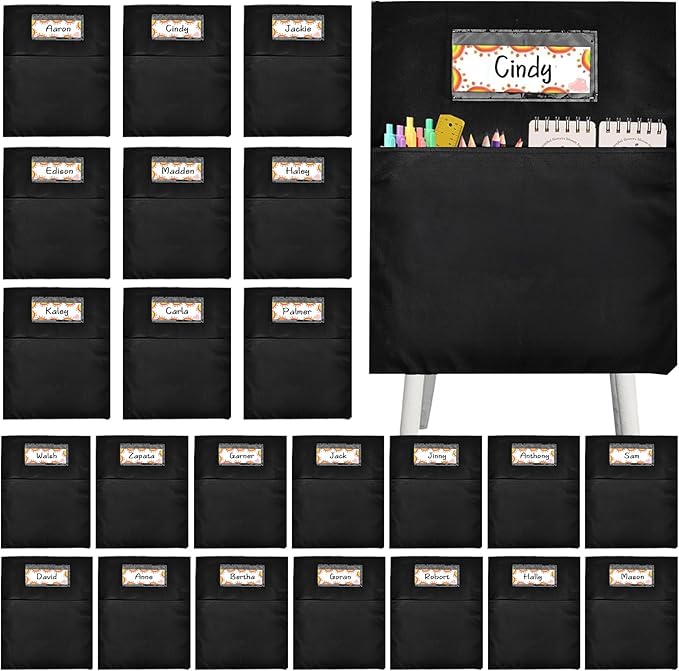24 Pcs Classroom Chair Pockets, 19.49 x 15.94 inch Chair Pockets For Classroom, Seat Sacks for Classroom Chairs, Buddy Pocket, Chart Seat Back Organizer with Name Tag